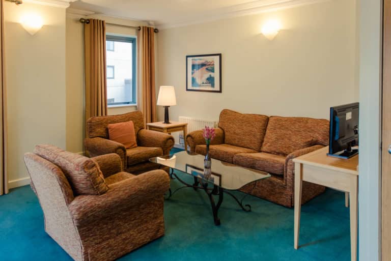 DCU Rooms Glasnevin Campus apartment living space with flat screen TV