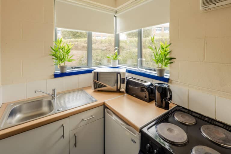 Kitchen area with sink, microwave, toaster, kettle, stove and worktop.