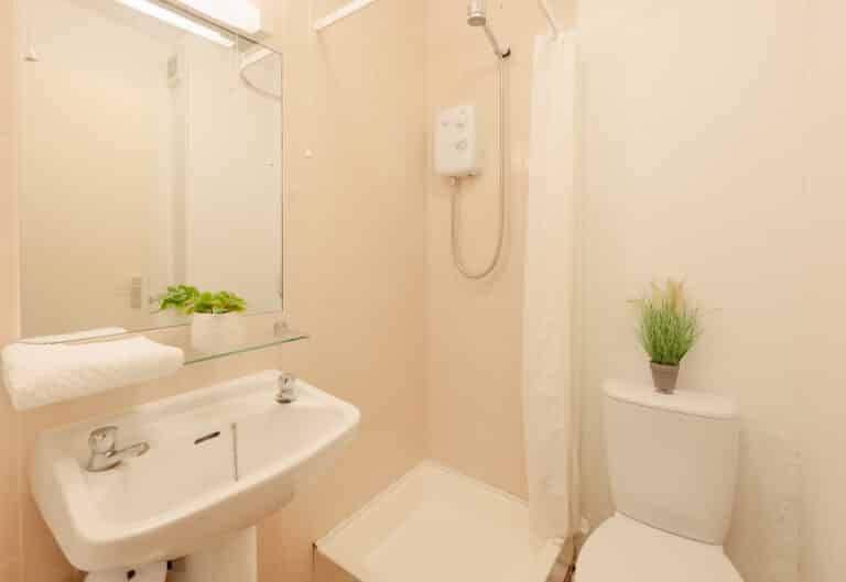 Bathroom with shower, toilet, sink and mirror.